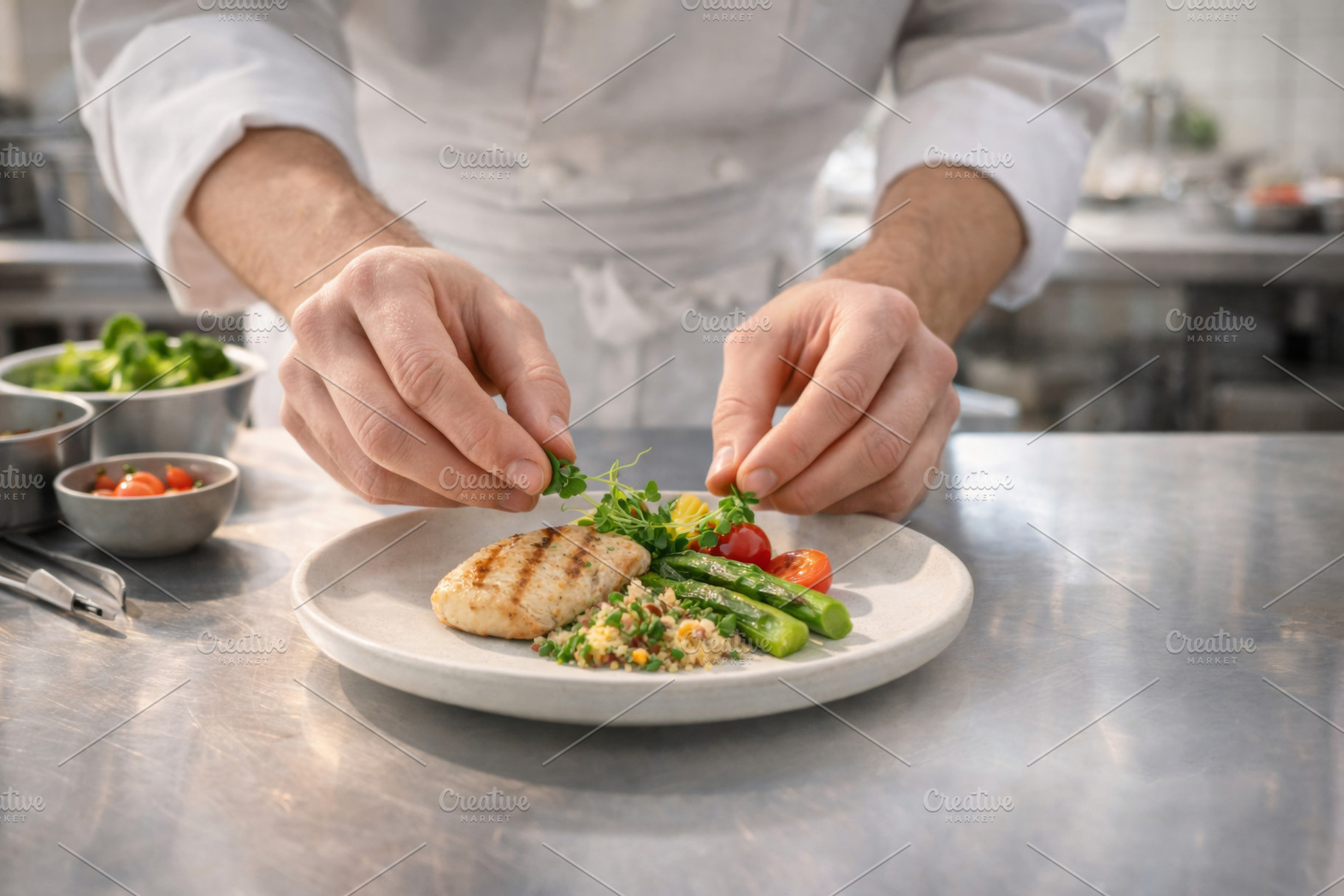 Chef preparing elegant dish with grilled chicken and vegetables, a Photo by Dvoevnore photos