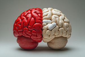 Red and white brain sculpture with p, a Photo by Tanuart