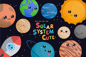 Set Of Cute Kawaii Planets