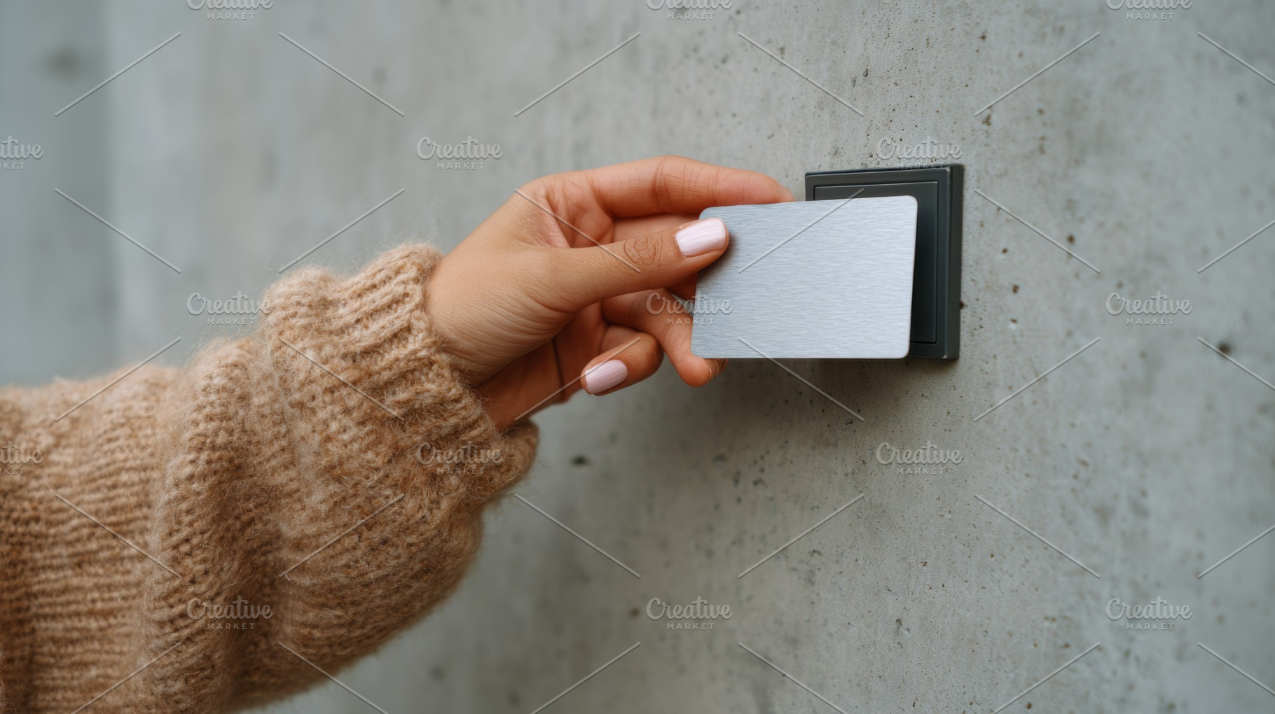 A close-up of a hand placing a white card against a sleek wall-mounted access p, a Business Photo by ImageMir