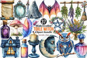 Watercolor Toile Witch Clipart, an Illustration by Canvas Craft