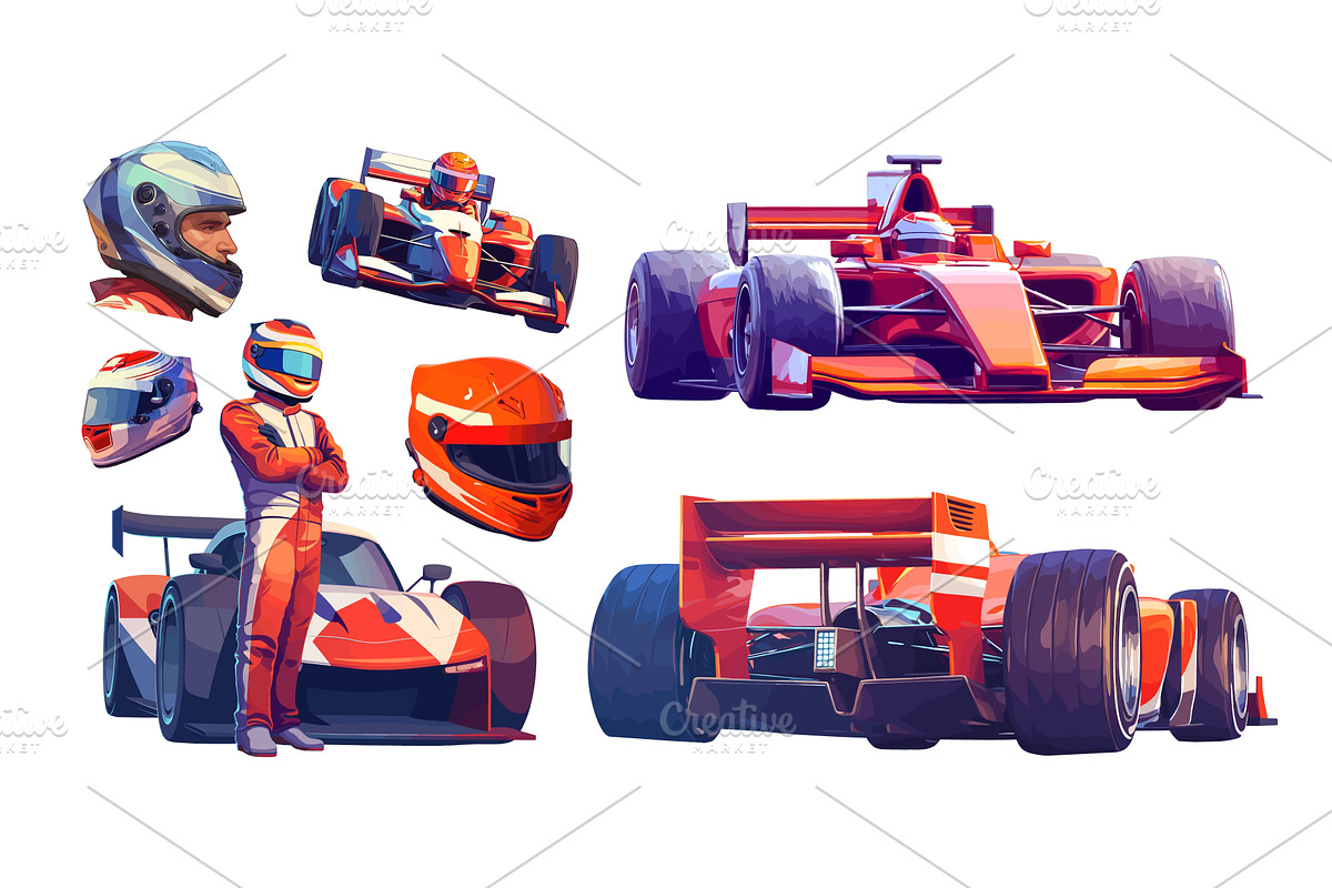 Racing set. red sports car, helmet, a Transportation Illustration by Stock-Smart-Start