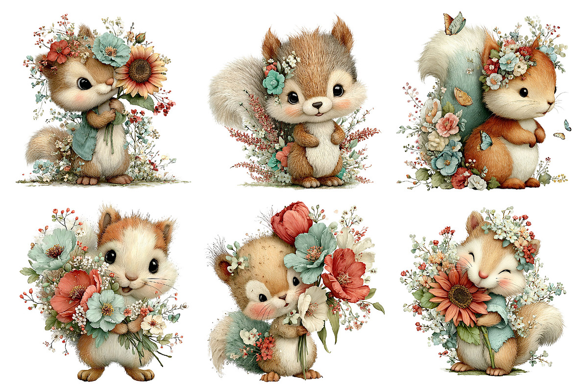 Whimsical Floral Squirrel Clipart, an Illustration by Daily.Designs (Photo 4 of 5)