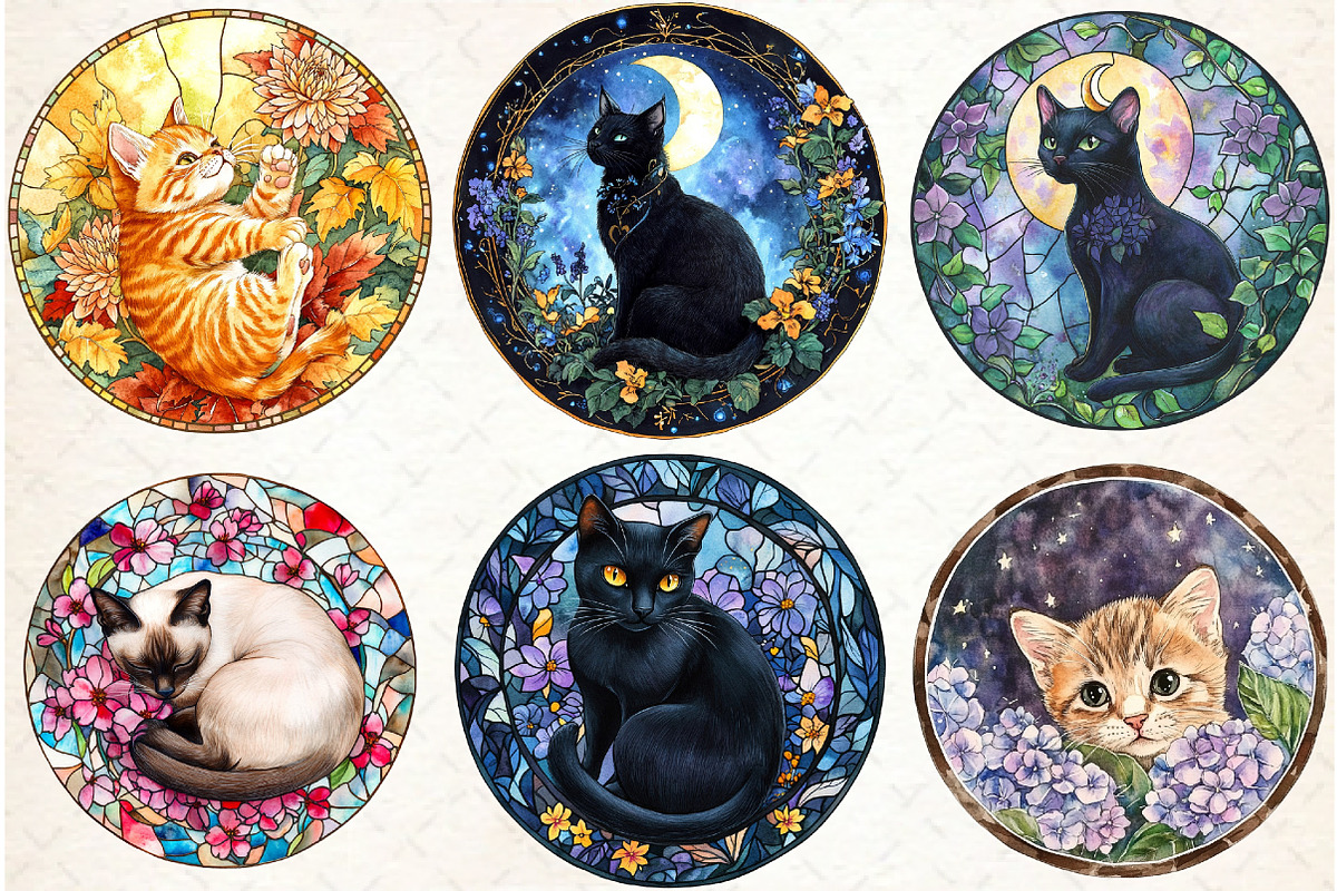 Cat Floral Stained Glass Clipart, an Illustration by Watercolor design (Photo 3 of 4)