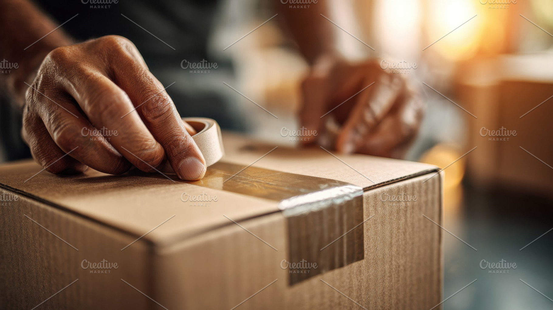 Person seals a box with tape, a Photo by Beautiful things