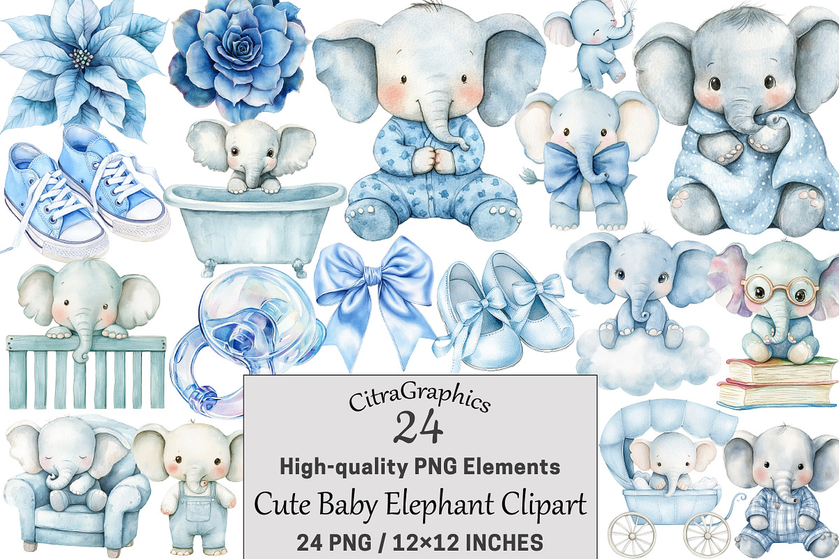 Watercolor Cute Baby Elephant, a Seasonal Illustration by CitraGraphics (Photo 1 of 3)