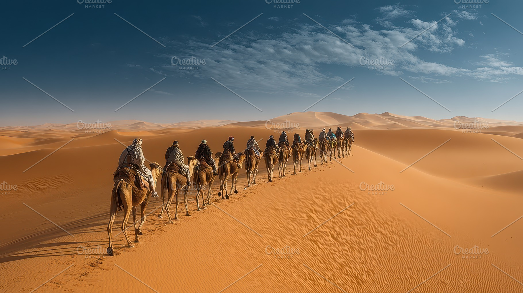 Caravan crossing Sahara Desert dunes, a Photo by Pixeness Studio