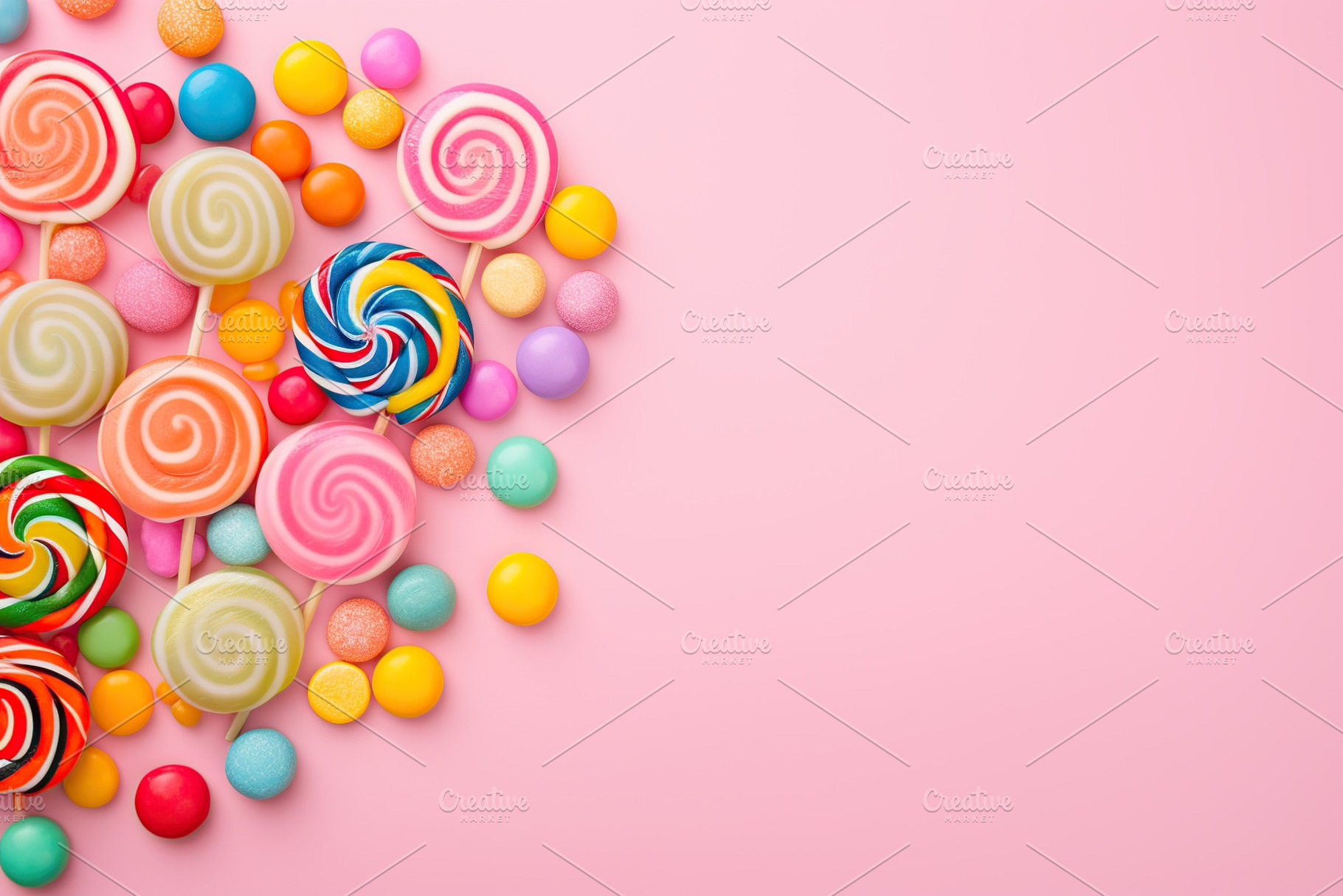 Colorful rainbow lollipops and candies on pink background, a Food & Drink Photo by AlyaAnd