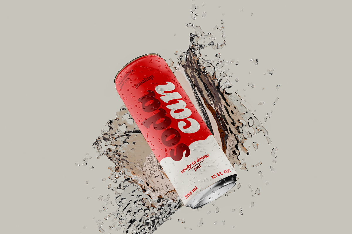 Soda or Beer Cans with Drops Mocku, a Cups & Container Mockup by Mego-studio