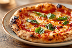 Freshly baked margherita pizza with mozzarella and basil on wooden table, a Food & Drink Photo by AlyaAnd