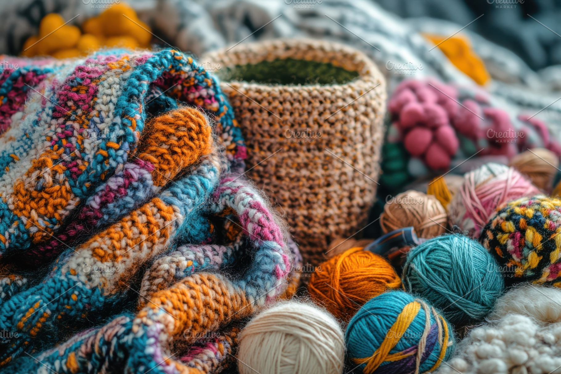 Colorful Knitted Scarves and Yarn Ba, a Background Photo by Pixeness Studio