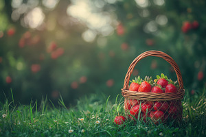 Freshly picked strawberries in a wic, a Photo by Tanuart