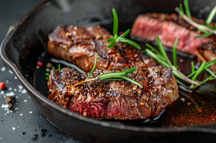 Three perfectly seared steak fillets, a Photo by Tanuart