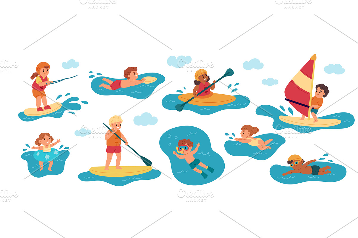 Kids swimming. Cute boys, girls, a Sport Illustration by YummyBuum