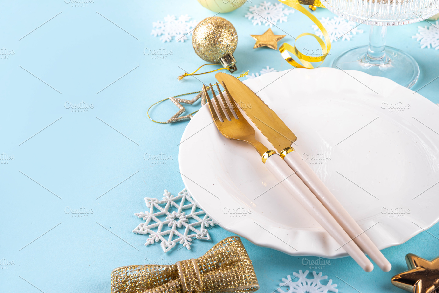 Christmas, New Year table setting with plate, drinking glass, cu, a Holiday Photo by Rimma