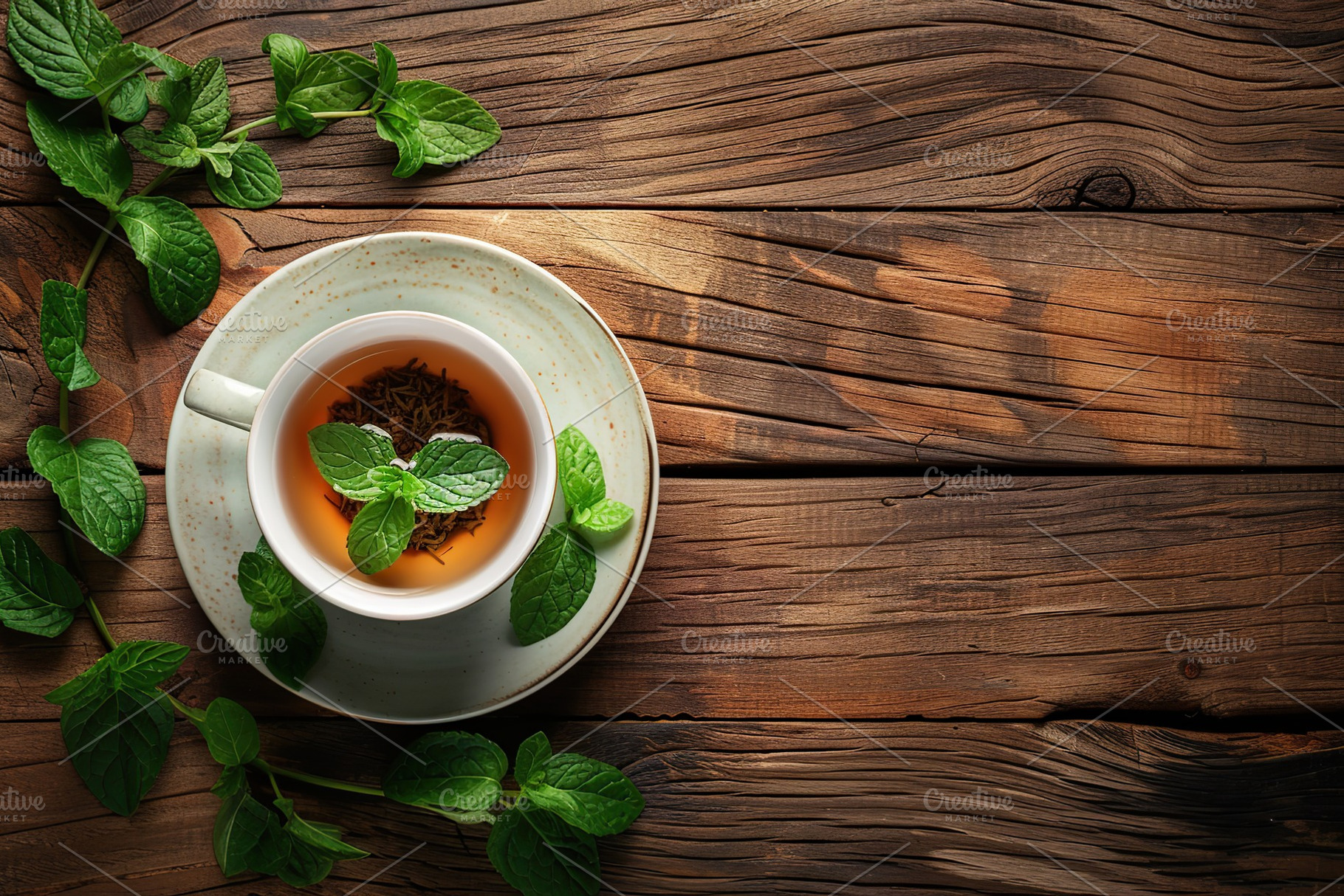 White cup of aromatic tea and green mint leafs on wooden background, a Food & Drink Photo by AlyaAnd