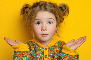 Curious little girl with pigtails and colorful floral sweater ma, a Person Photo by José Manuel Gelpi