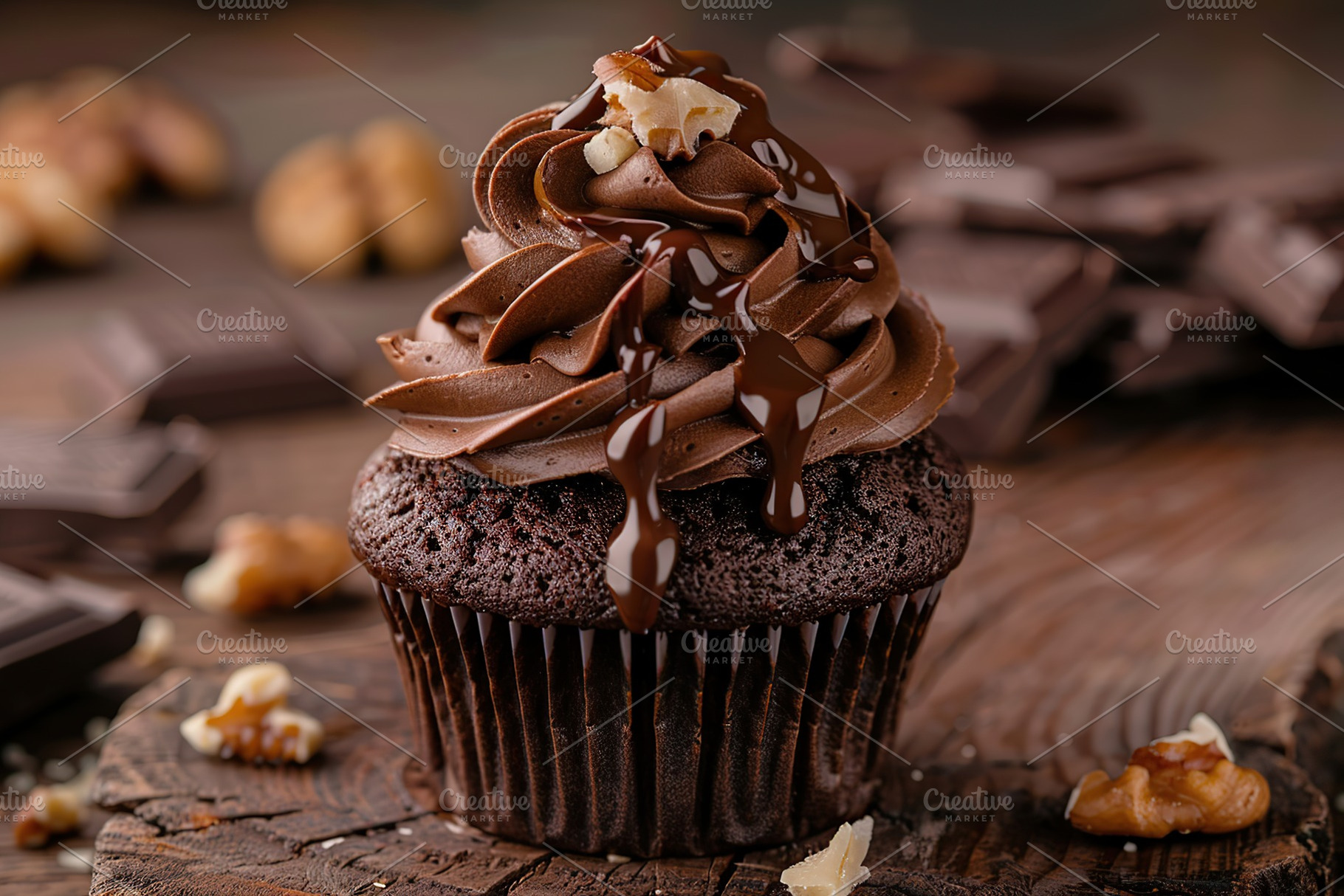 Chocolate cupcake with whipped cream and walnut on wooden table, a Food & Drink Photo by AlyaAnd