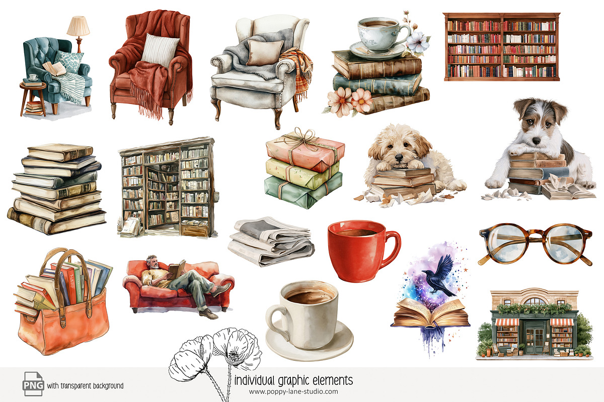 105 book lover clip art, an Object Illustration by Poppy Lane Studio (Photo 11 of 12)