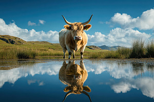 Highland cow standing beside a tranq, a Photo by Tanuart