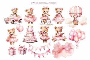 Watercolor Pink Baby Bear Clipart