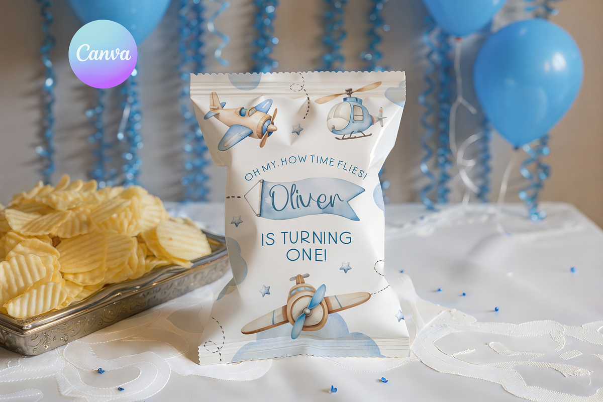 Airplane 1st Bday Chips Bag Wrapper, a Templates & Theme by VeliusCreativeStudio (Photo 1 of 2)