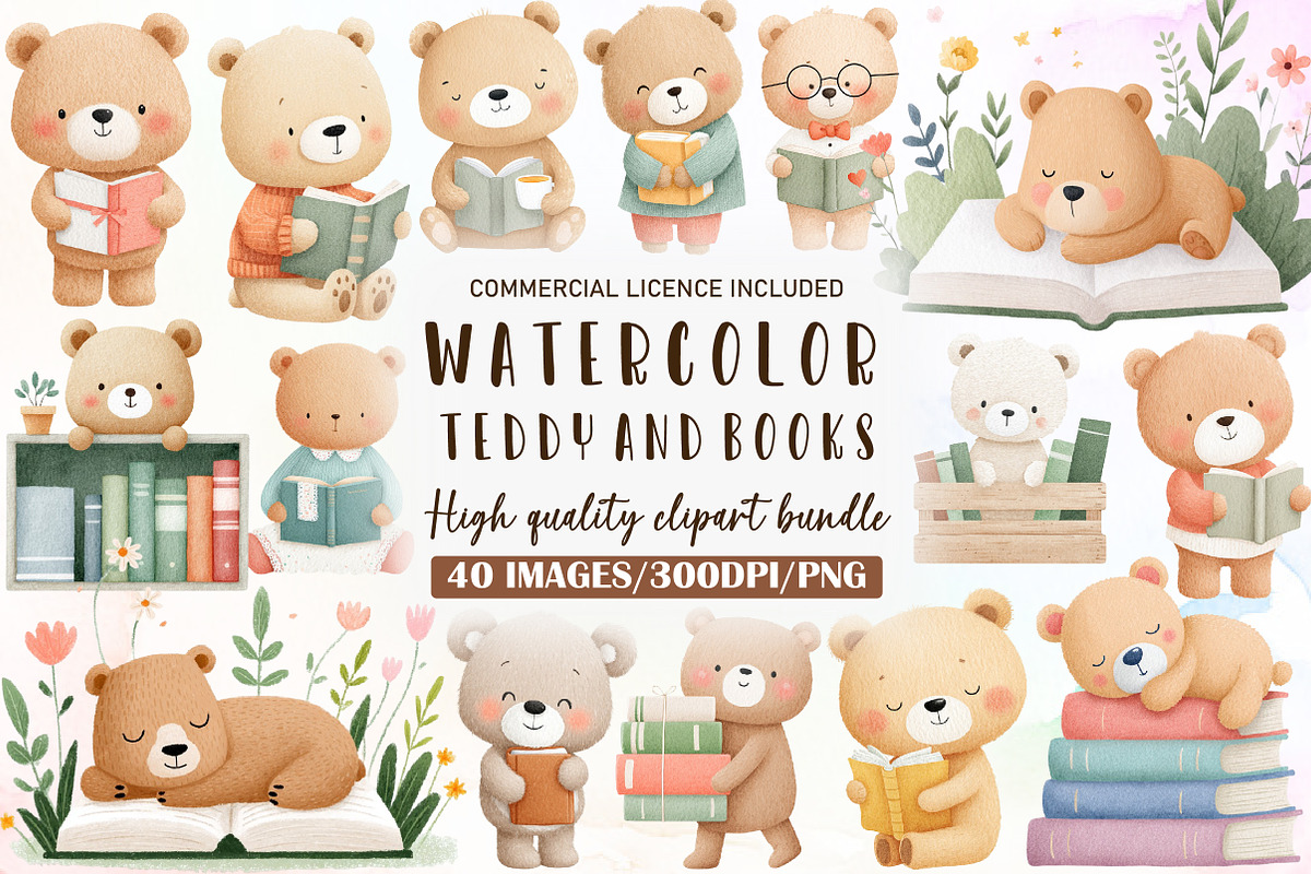 Cute Teddy and Vintage Books Clipart, an Illustration by Sublimation Artist (Photo 1 of 6)