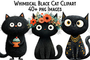 Whimsical Cute Black Cat Clipart, an Illustration by Pixels.Craft (Thumbnail 1 of 6)
