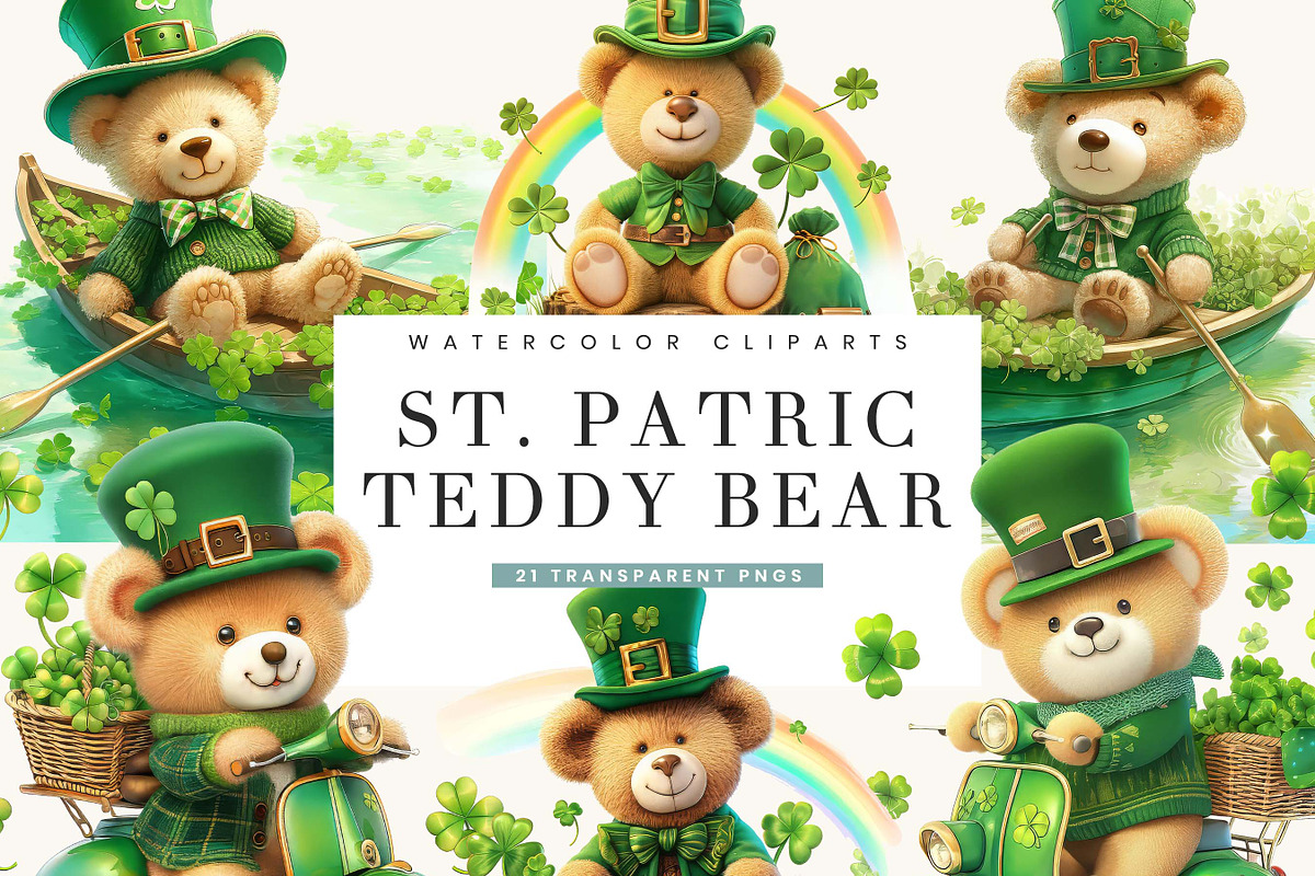 St. Patrick Teddy Bear Clipart, a Seasonal Illustration by BusyDaydesign (Photo 1 of 8)