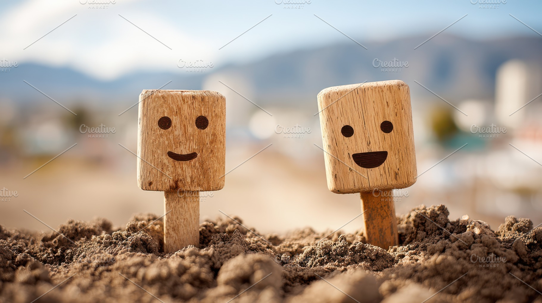 Wooden Blocks with Happy and Sad Faces in Sand, an Abstract Photo by AlyaAnd