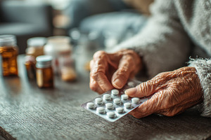 Elderly hands holding medication pil, a Photo by Pixeness Studio