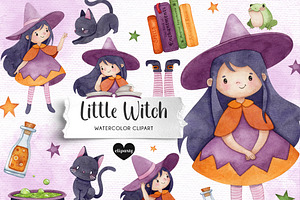 Cute Witch - Watercolor Clipart