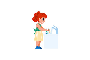 Young girl washing dishes in kitchen, an Object Illustration by pikepicture