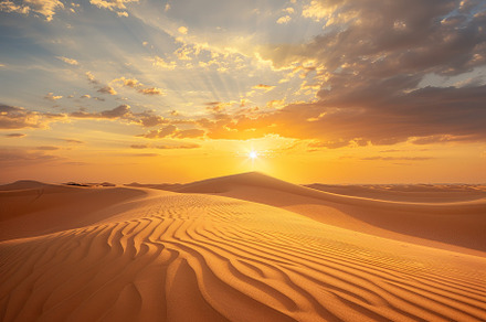 Golden sunset over undulating sand d, a Photo by Tanuart