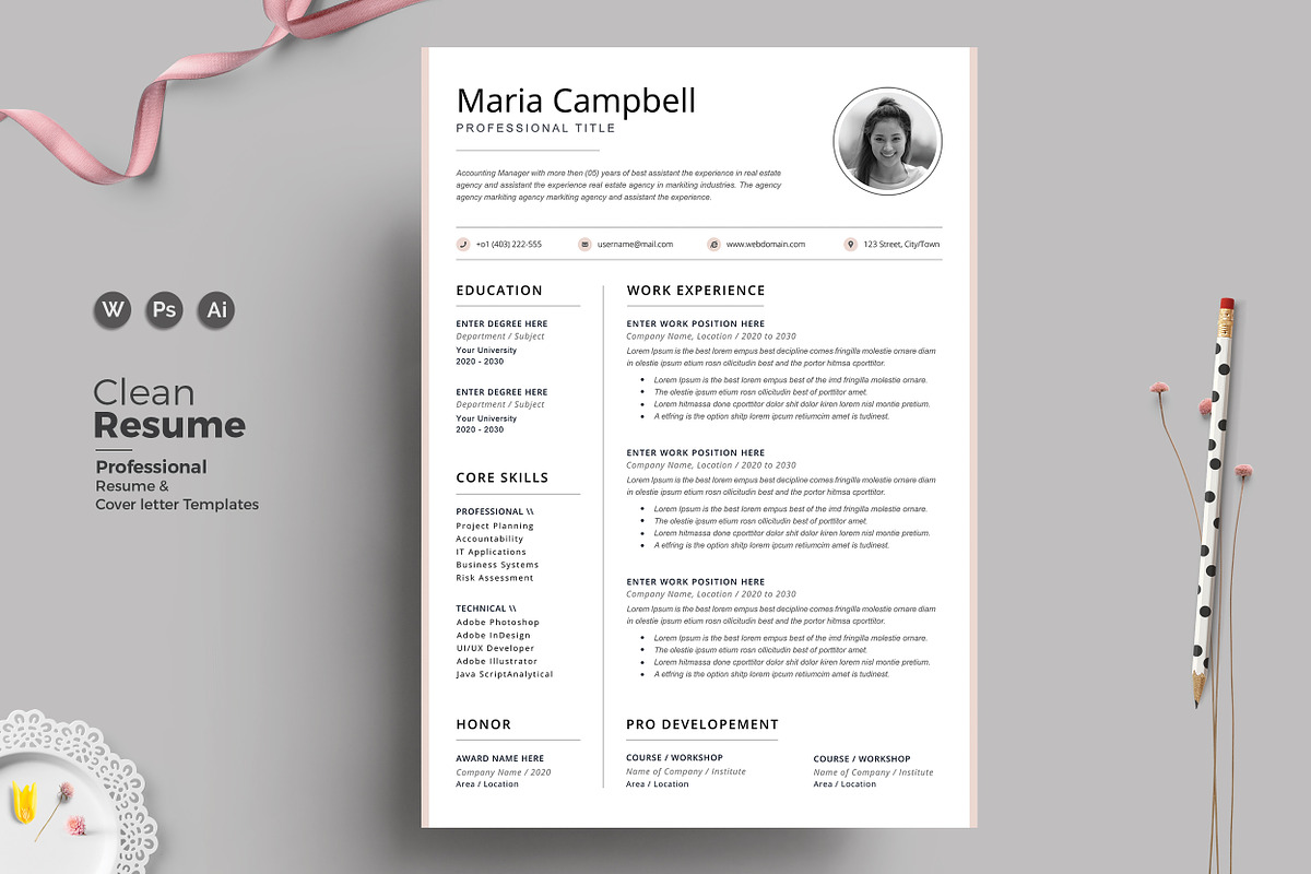 Clean Resume/CV Word, a Resume Template by ResumeDevisers (Photo 2 of 5)