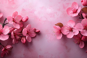 Pink cherry blossoms arranged on a textured pink background with, a Nature Photo by José Manuel Gelpi