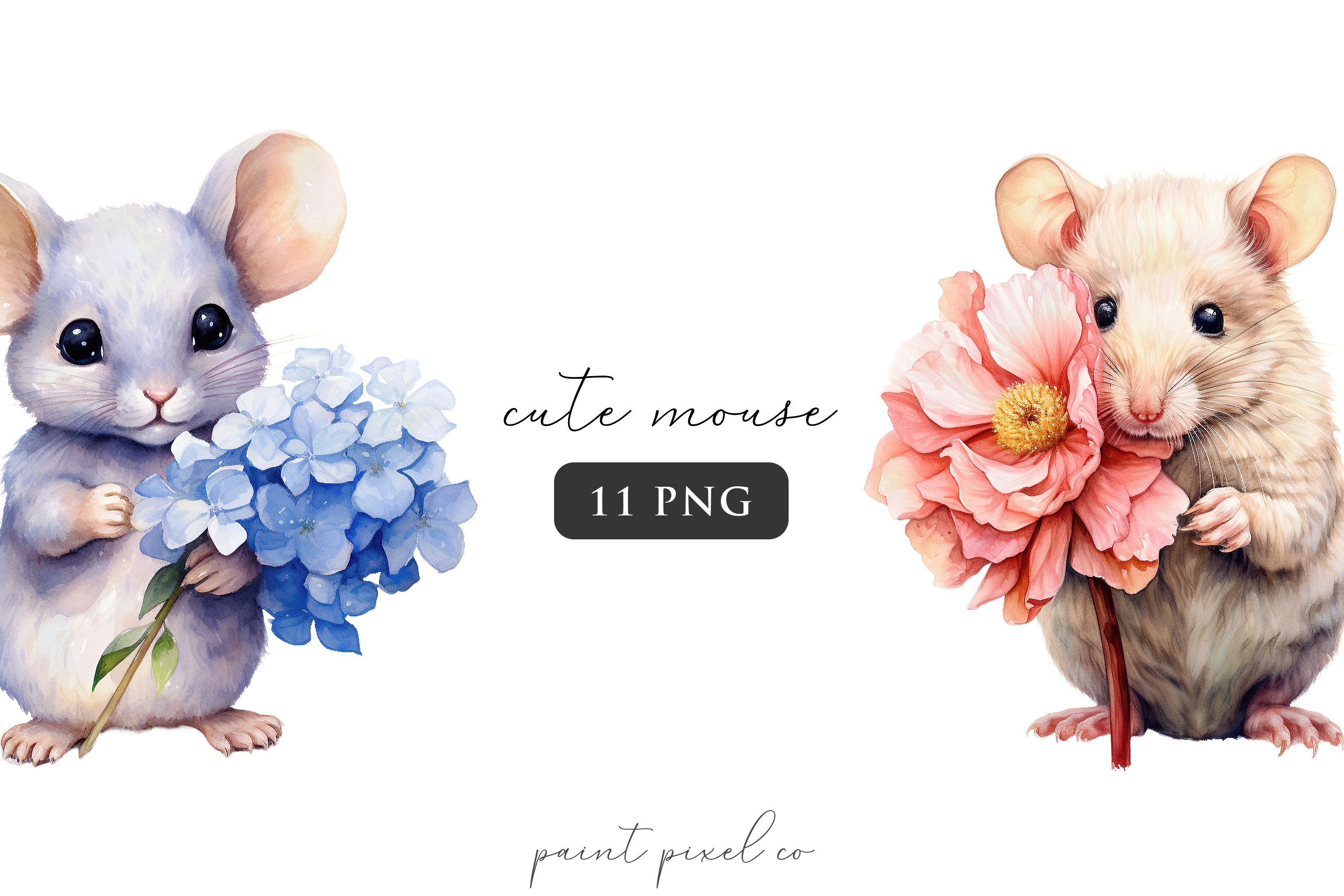 Mouse and Flower Clipart, an Animal Illustration by PaintPixelCo
