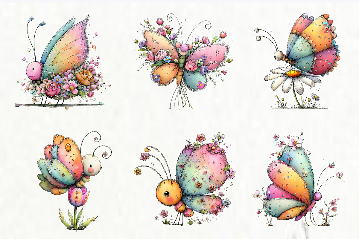 Cartoon Butterfly Flower Clipart, an Illustration by Watercolor design (Photo 5 of 8)
