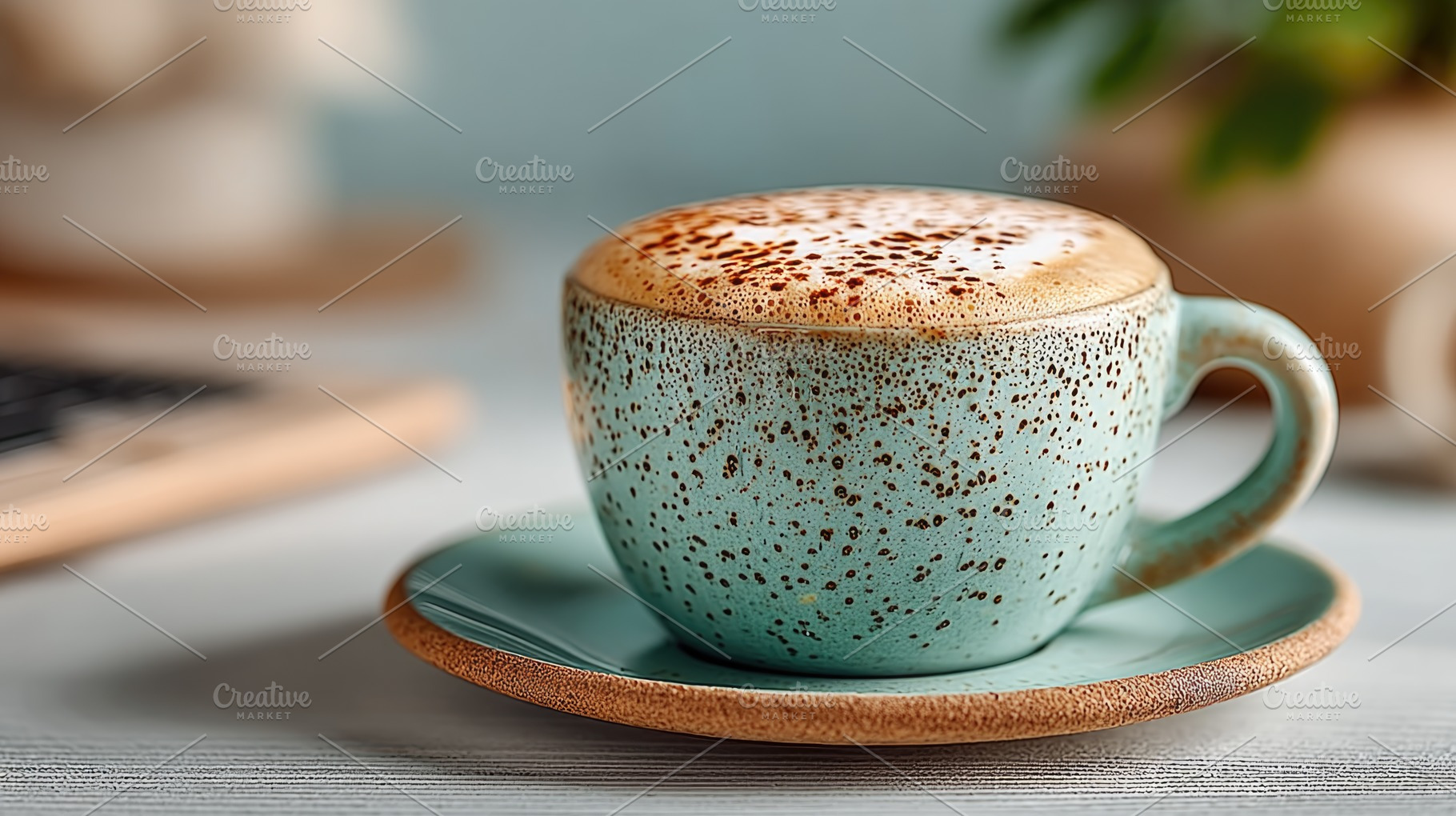 Speckled Ceramic Cappuccino Cup on Saucer with Copy Space in Sof, a Food & Drink Photo by José Manuel Gelpi