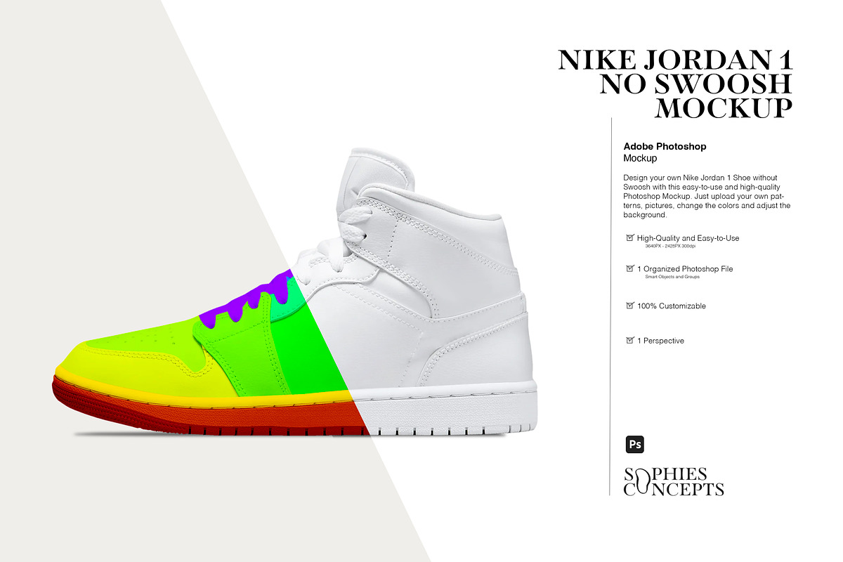 Nike Jordan 1 NO SWOOSH | Psd Mockup, a Product Mockup by sophiesconcepts (Photo 1 of 4)