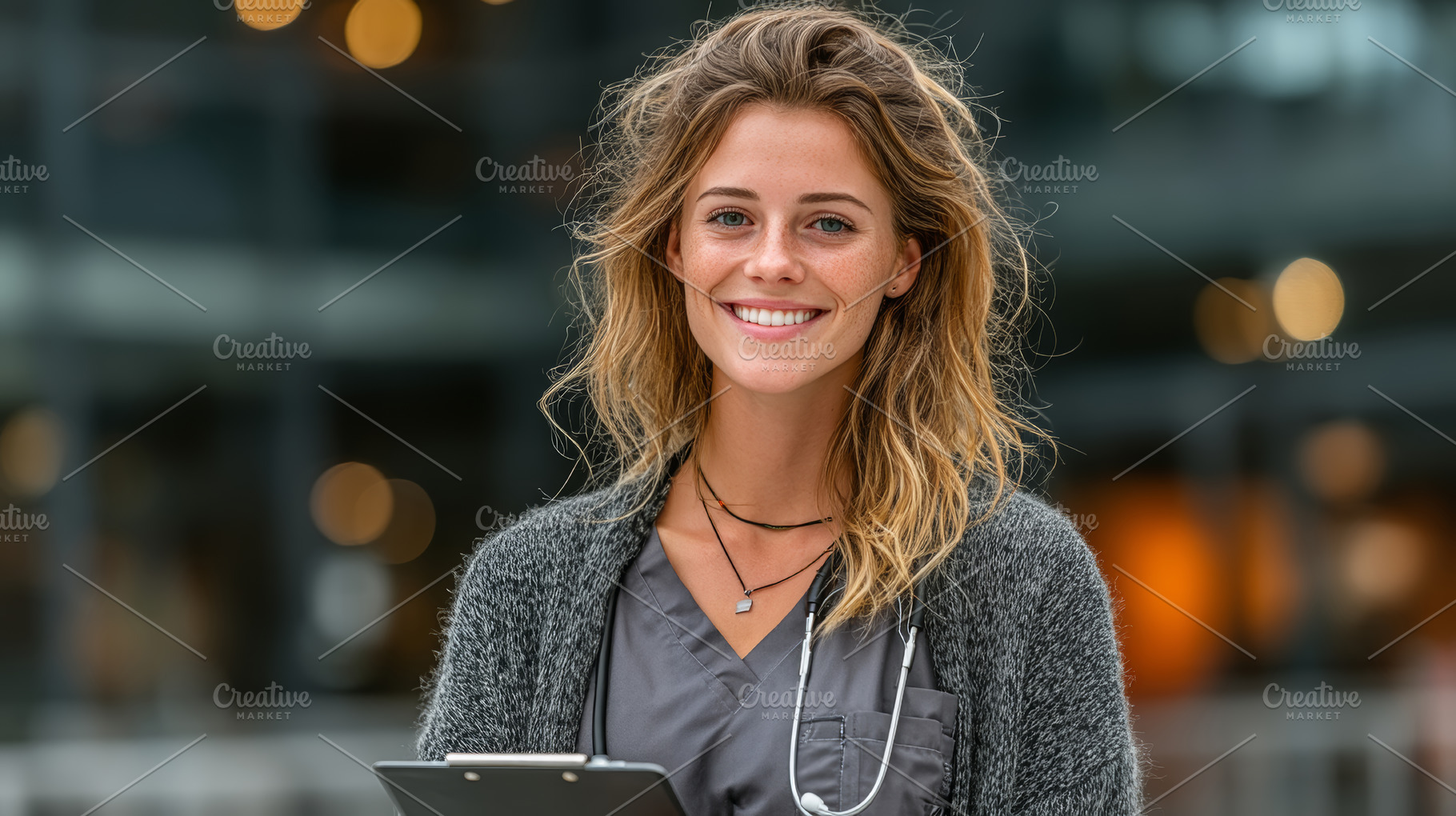 Confident female nurse smiling outdoors with stethoscope and cli, a Health & Medical Photo by AS photostudio