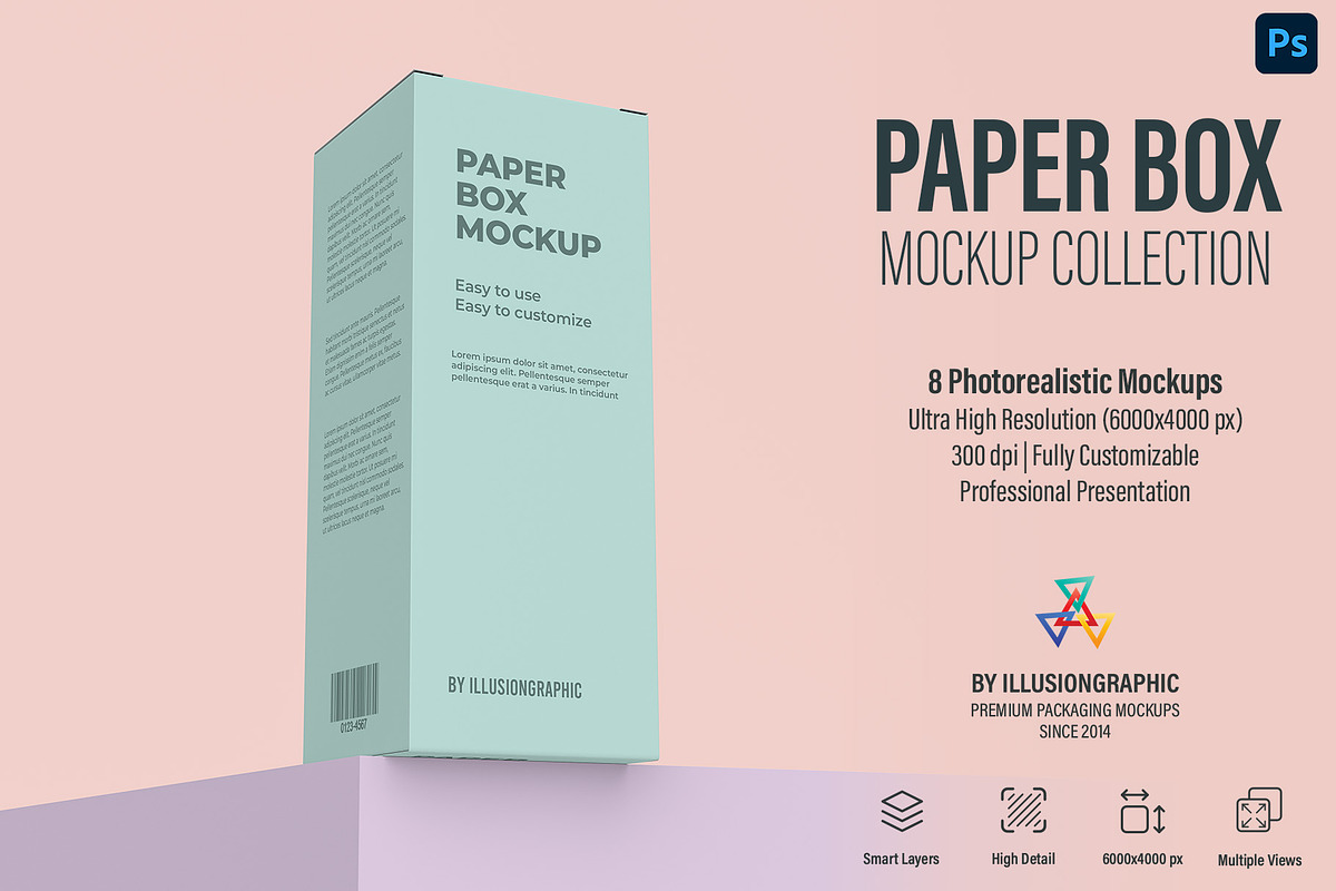 Paper Box Mockup - 8 views, a Packaging Mockup by Illusiongraphic (Photo 1 of 21)