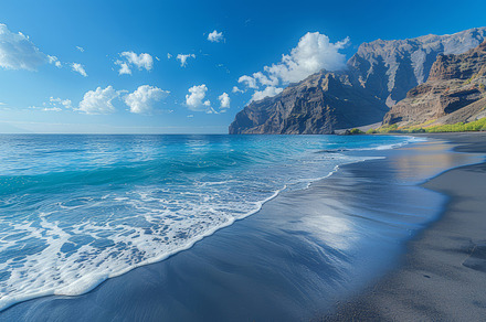 Stunning Black Volcanic Sand Beach on Tenerife with Majestic Cliffs and Blue Oc, a Photo by AS photostudio