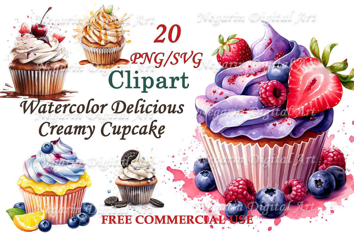 Watercolor Delicious Creamy Cupcake, an Object Graphic by Negarin Digital Art (Photo 1 of 9)