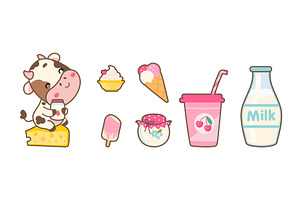 Kawaii dairy products icons set, a Food Illustration by Valerie Bodnar
