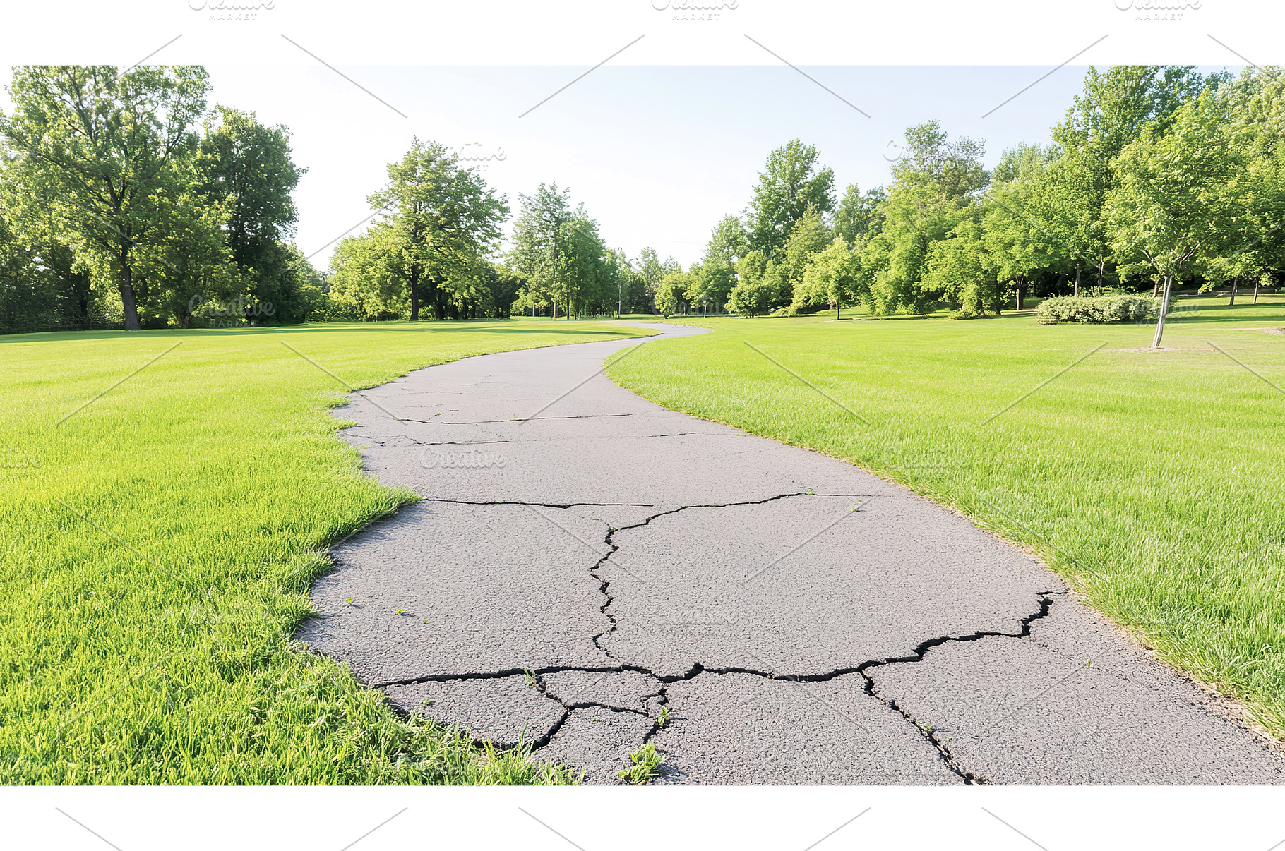 Cracked path through lush green park, a Nature Photo by Lermont51