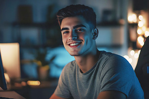 Smiling young man at computer, a Photo by Beautiful things