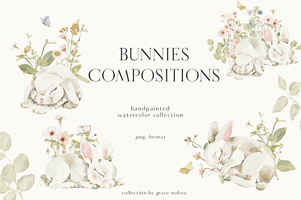 Watercolor Bunny & Wildflowers  set, a Decorative Illustration by Grace Noboa Illustrations (Photo 8 of 11)