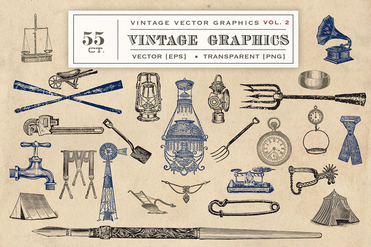 55 Vintage Vectors Graphics Vol. 2, an Object Graphic by Eclectic Anthology