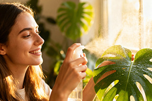 Happy Woman Sprays Monstera, a Person Photo by Virgo Studio